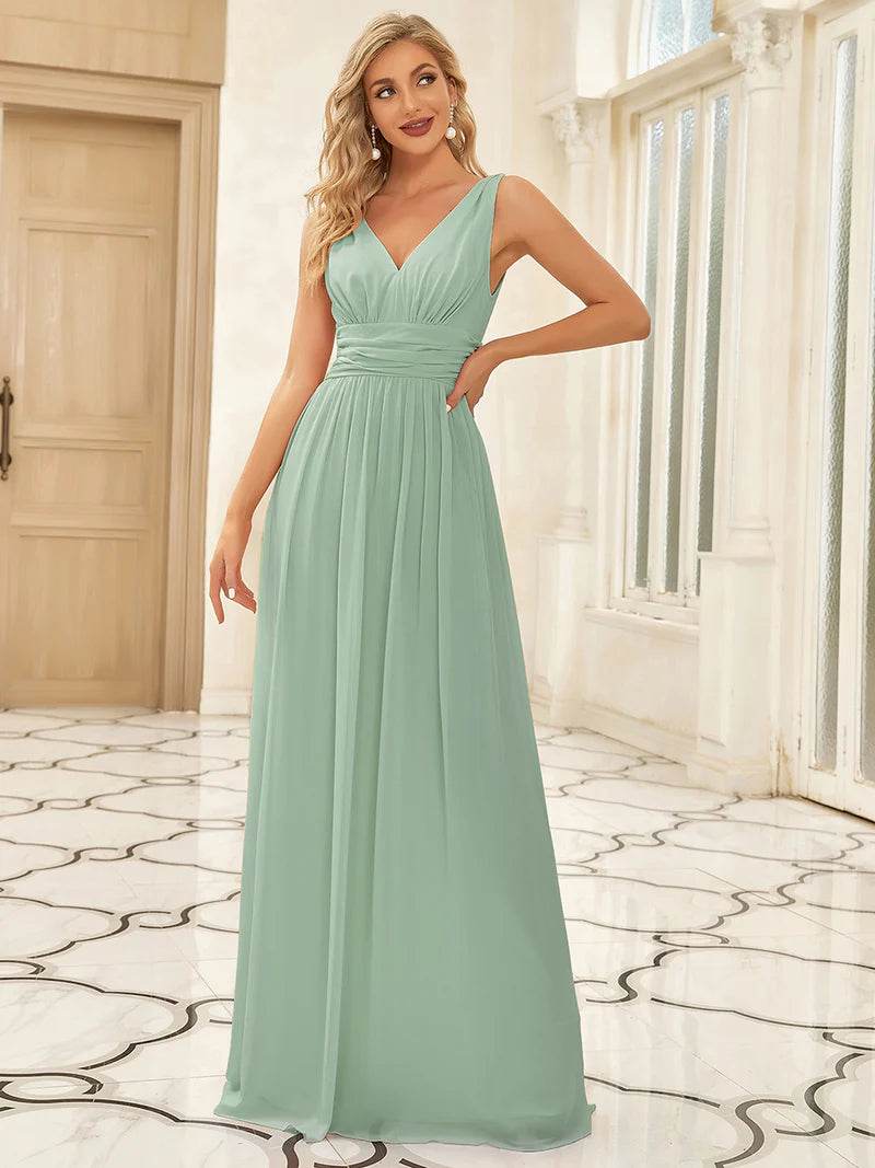 Elegant Double V-Neck Bridesmaid Dress – Floor-Length Maxi Gown - Biamonde
